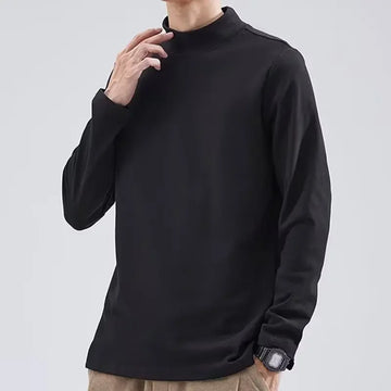 Plus Size Semi-Polo Turtle Neck Fleece Base Layer Men's T-Shirt Loose Fit Solid Color Warm Inner Long Sleeve Tops For Autumn