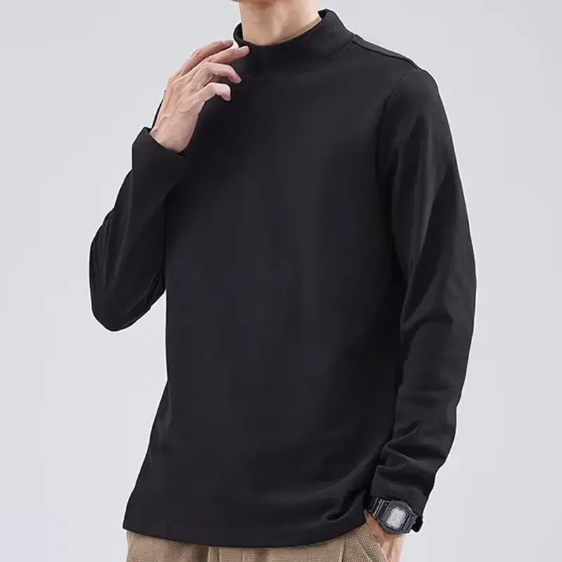 Plus Size Semi-Polo Turtle Neck Fleece Base Layer Men's T-Shirt Loose Fit Solid Color Warm Inner Long Sleeve Tops For Autumn