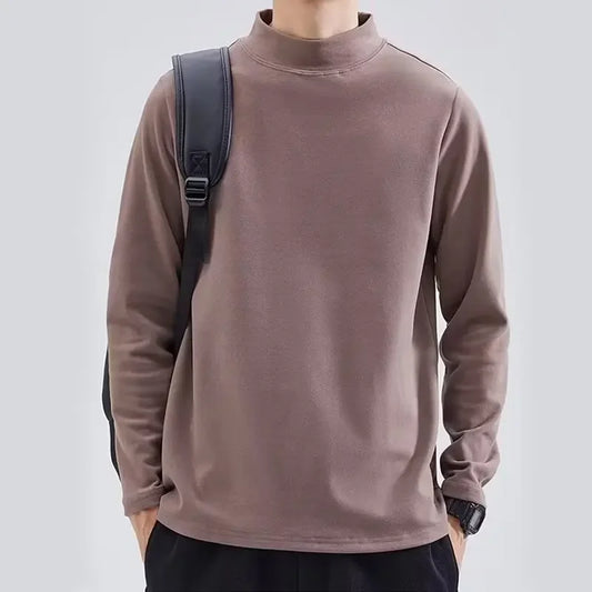 Plus Size Semi-Polo Turtle Neck Fleece Base Layer Men's T-Shirt Loose Fit Solid Color Warm Inner Long Sleeve Tops For Autumn